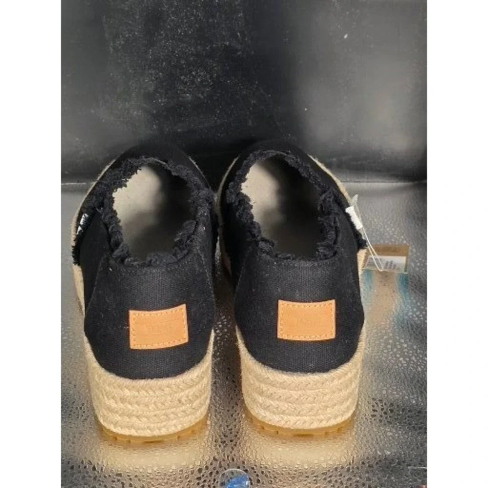 Toms Valencia Black Canvas Fray Platform Espadrille Slip On Shoes Womens 10 NEW